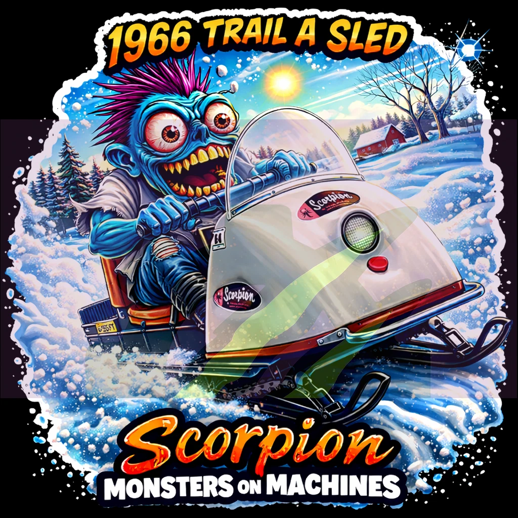 1966 Scorpion Trail-A Sled Vinyl Sticker 9x9cm Monsters on Machines.webp