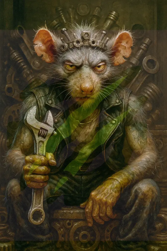 Hot Rod Rat Mechanic Wall Art Print – Grease Rat Holding Wrench in Biker Vest