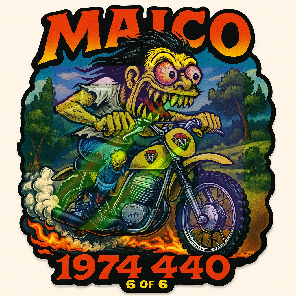 1974 Maico 440 Motocross Bike Parody Art Vinyl Sticker 9x9cm Number 6 of 6
