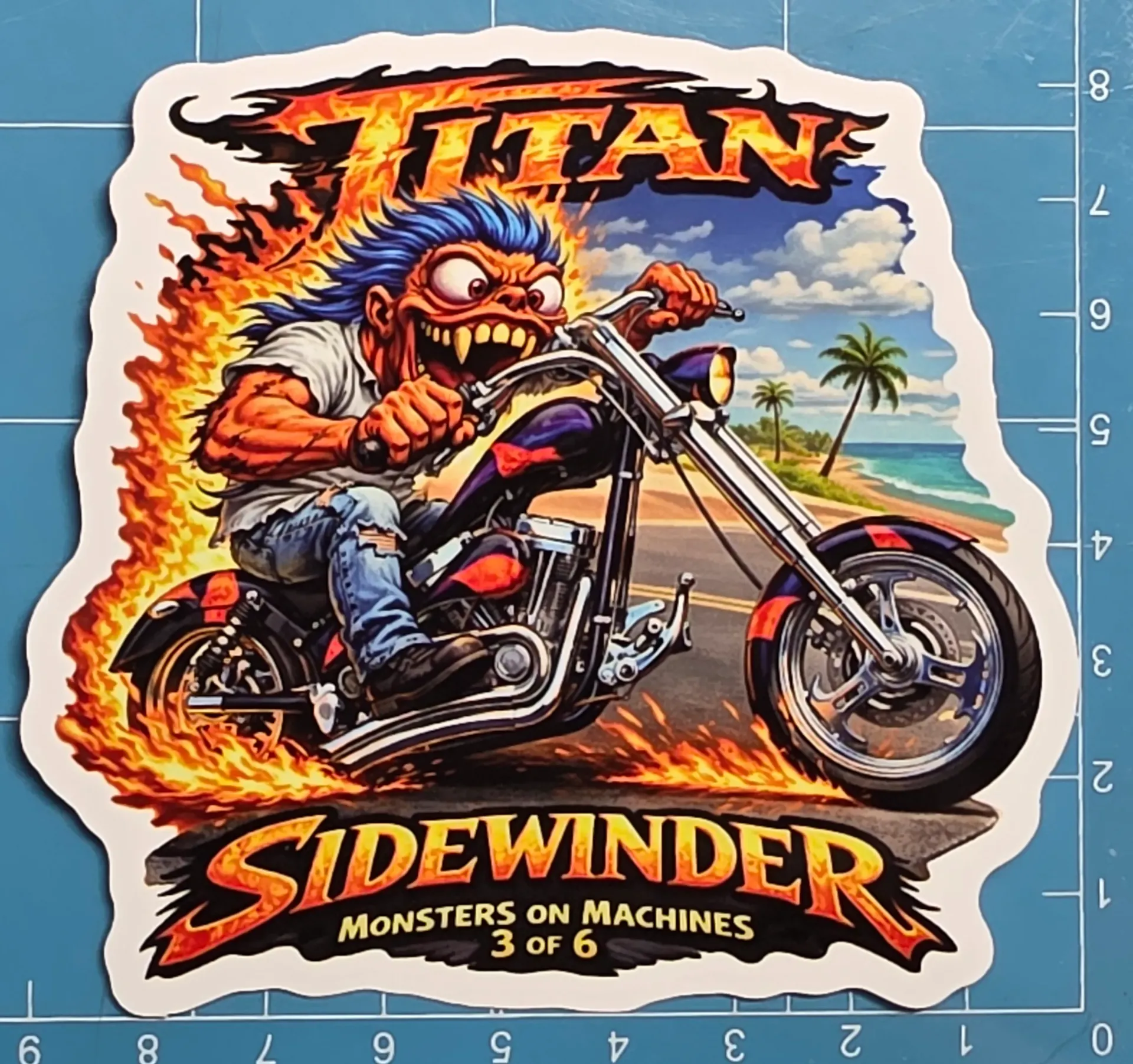 Titan Sidewinder Chopper Monster Sticker 9x9cm Vinyl Decal MoM 3/6 Beach Flames