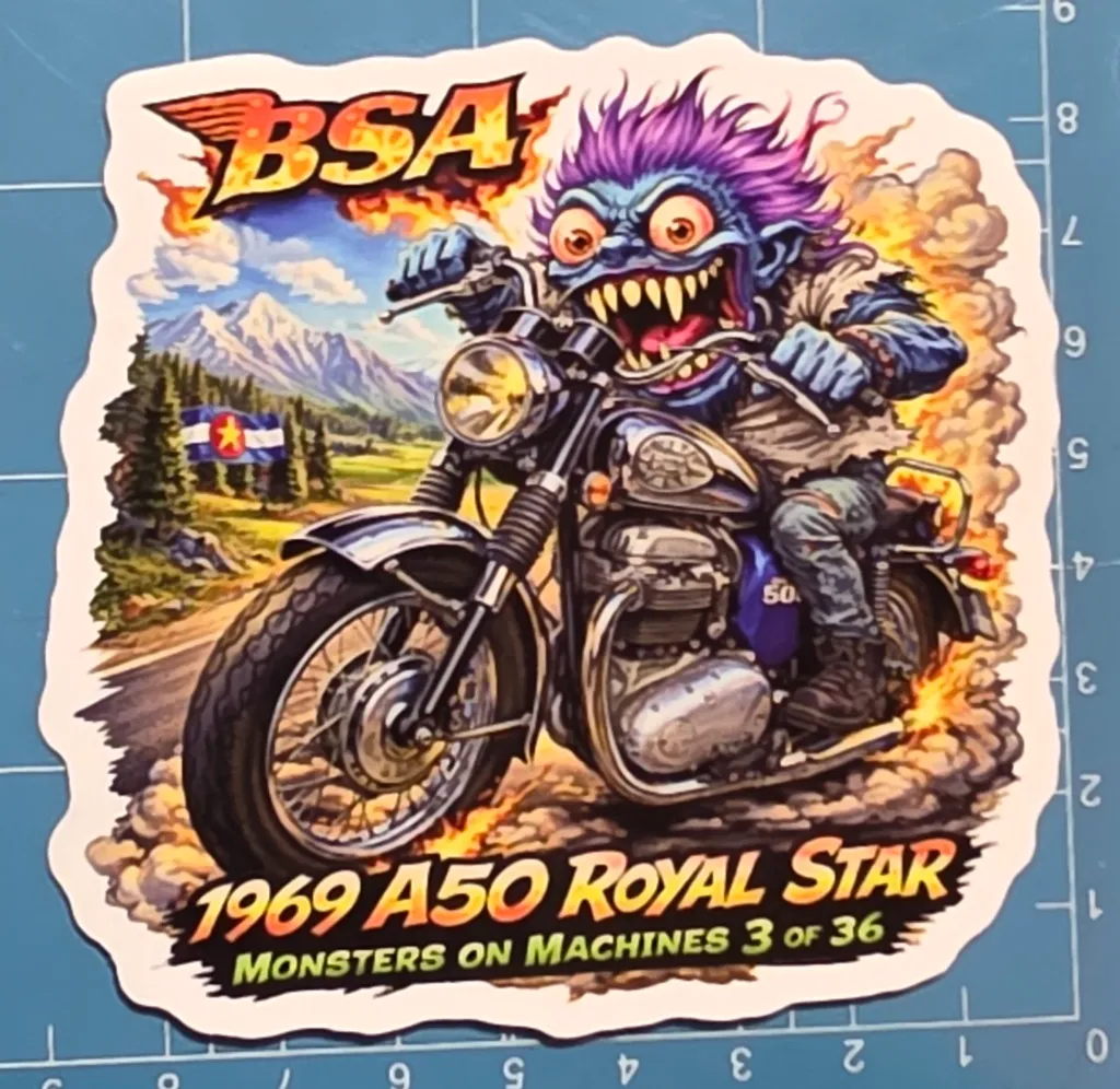 1969 BSA A50 Royal Star Monster Vinyl Sticker 9x9cm Monsters on Machines 3 of 36