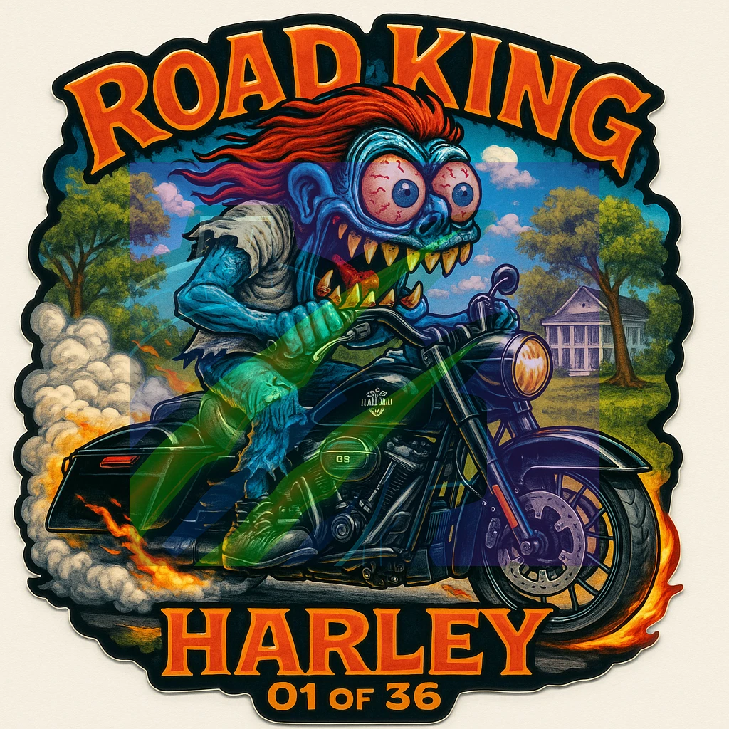 Harley Road King Monster Rider Sticker 9x9cm Vinyl Die Cut Decal Number 1 of 36