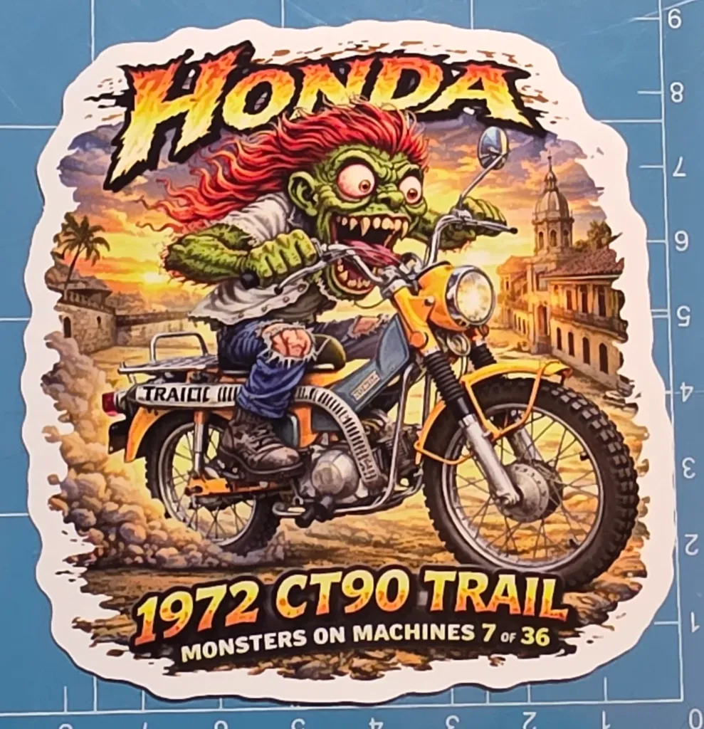 1972 Honda CT90 Trail Monster Vinyl Sticker 9x9cm Monsters on Machines 7 of 36