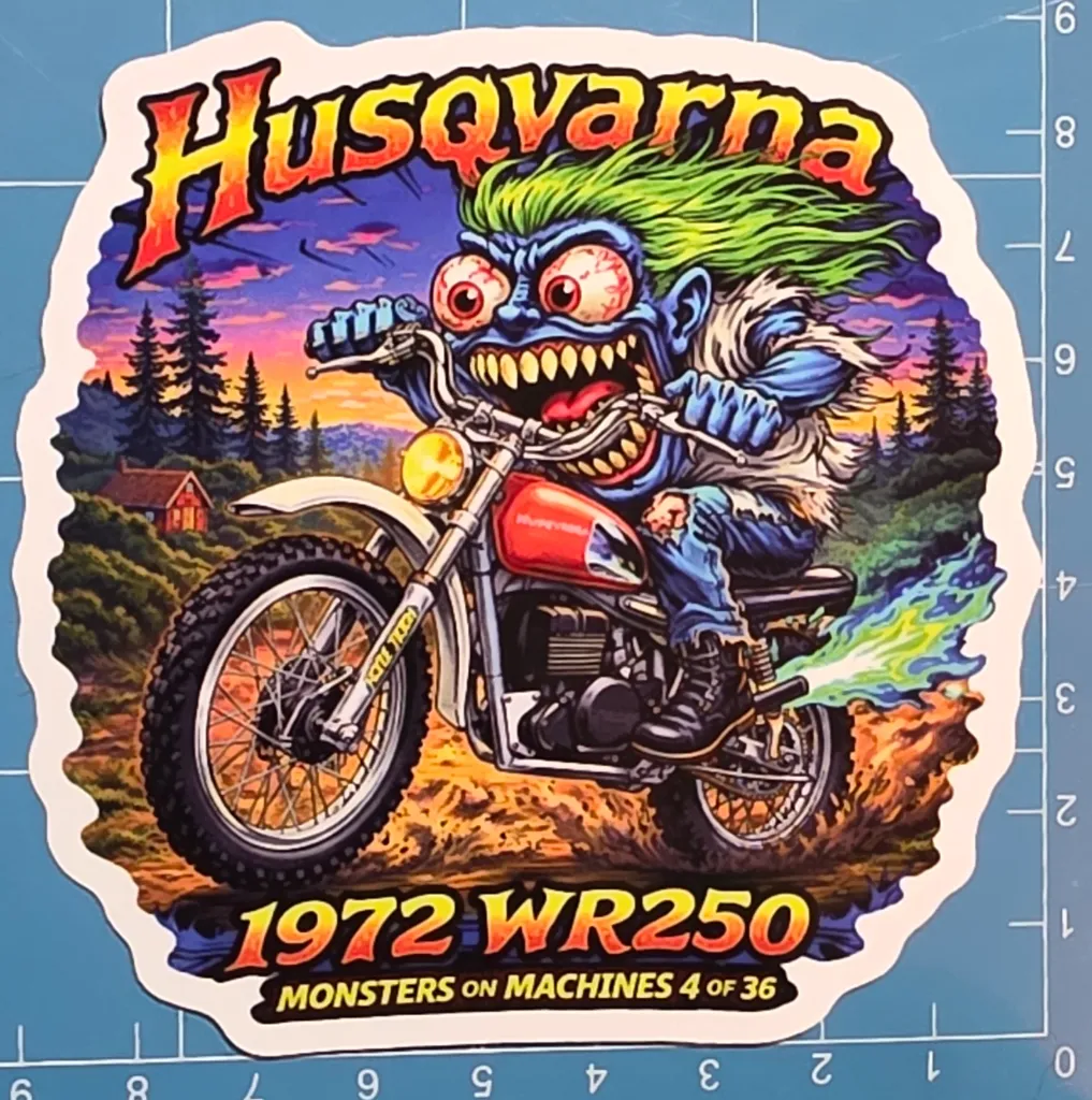 1972 Husqvarna WR250 Monster Vinyl Sticker 9x9cm Monsters on Machines 4 of 36