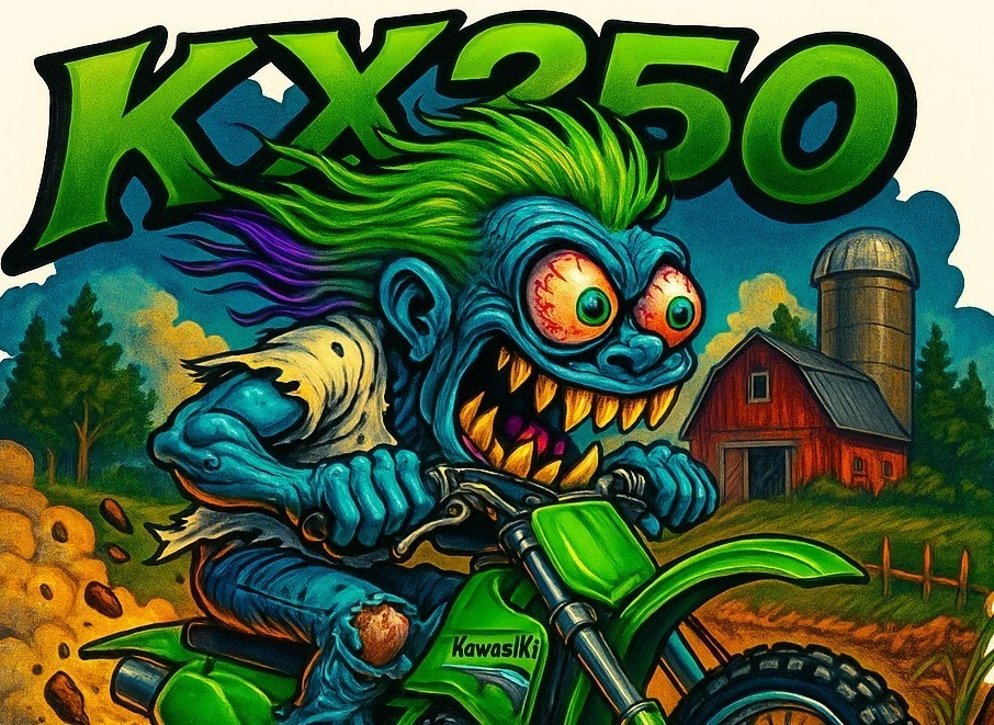 Kawasaki KX250 Dirt Bike Vinyl Sticker 9x9cm – Monsters on Machines Parody Art