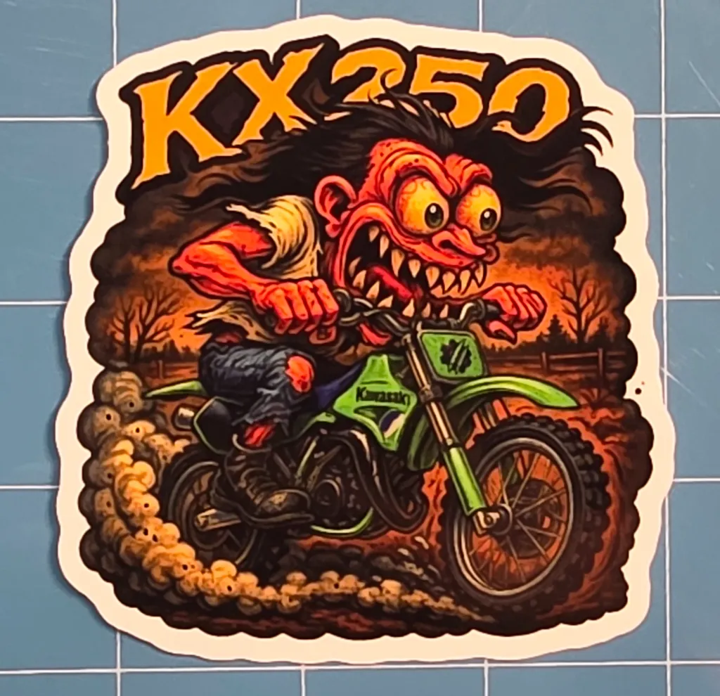Kawasaki KX250 Dirt Bike Vinyl Sticker 9x9cm – Monsters on Machines Dusk