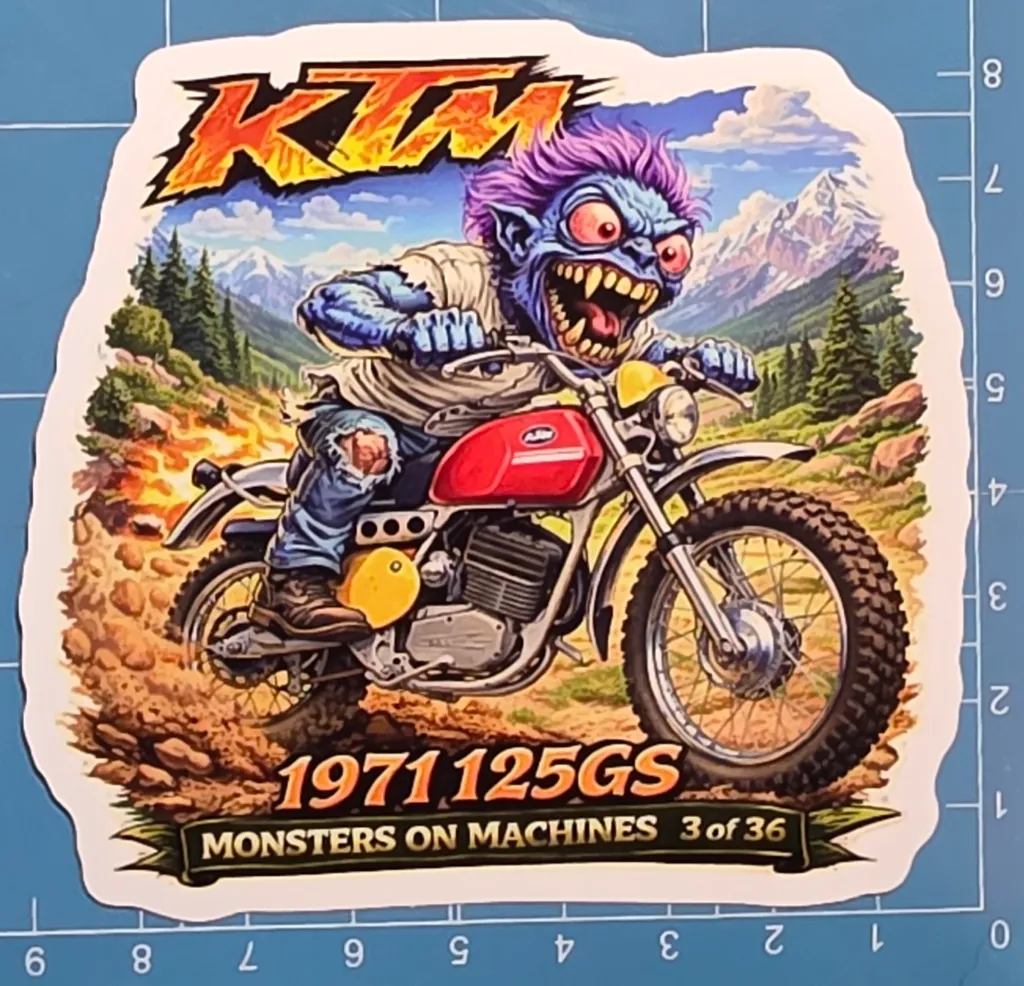 1971 KTM 125GS Monster Vinyl Sticker 9x9cm Monsters on Machines Decal 3 of 36
