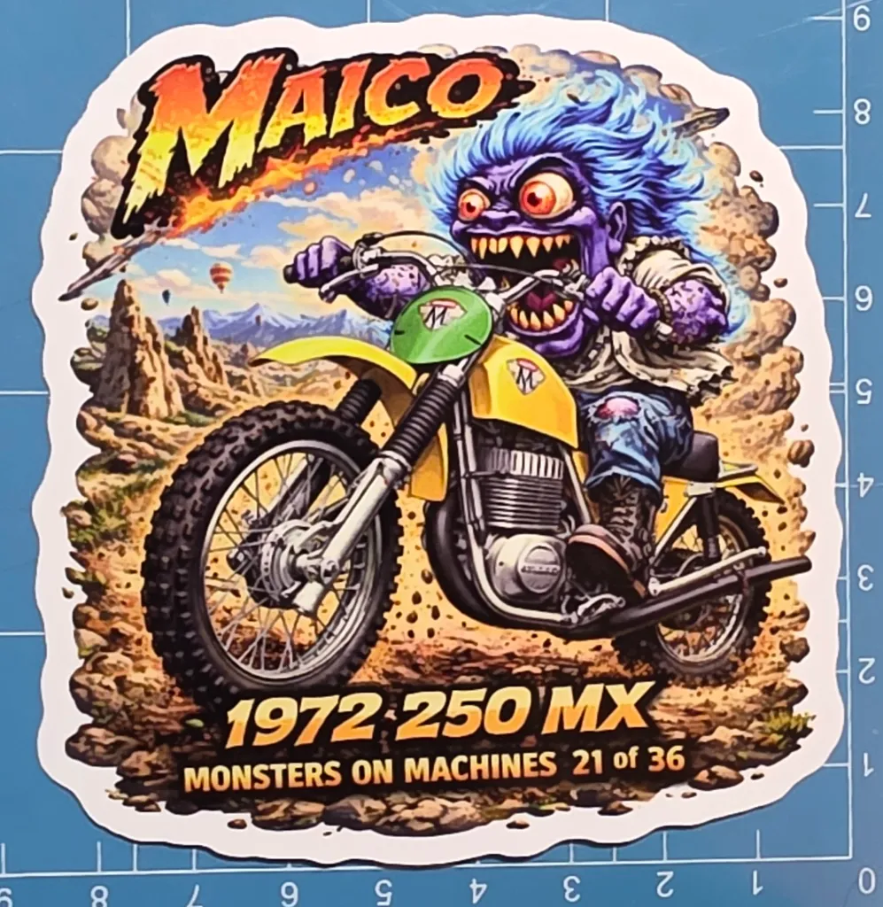 1972 Maico 250MX Monster Vinyl Sticker 9x9cm Monsters on Machines Decal 21 of 36