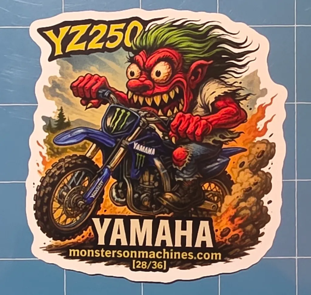 Yamaha YZ250 Durable 9x9cm Vinyl Sticker Monsters on Machines Number 28 of 36