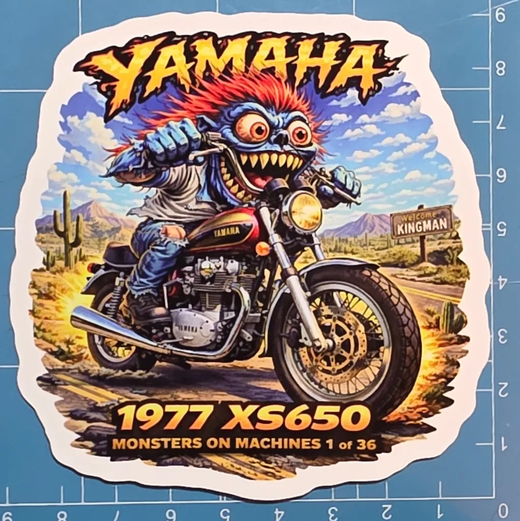 1977 Yamaha XS650 Monster Vinyl Sticker 9x9cm Monsters on Machines Decal 1 of 36