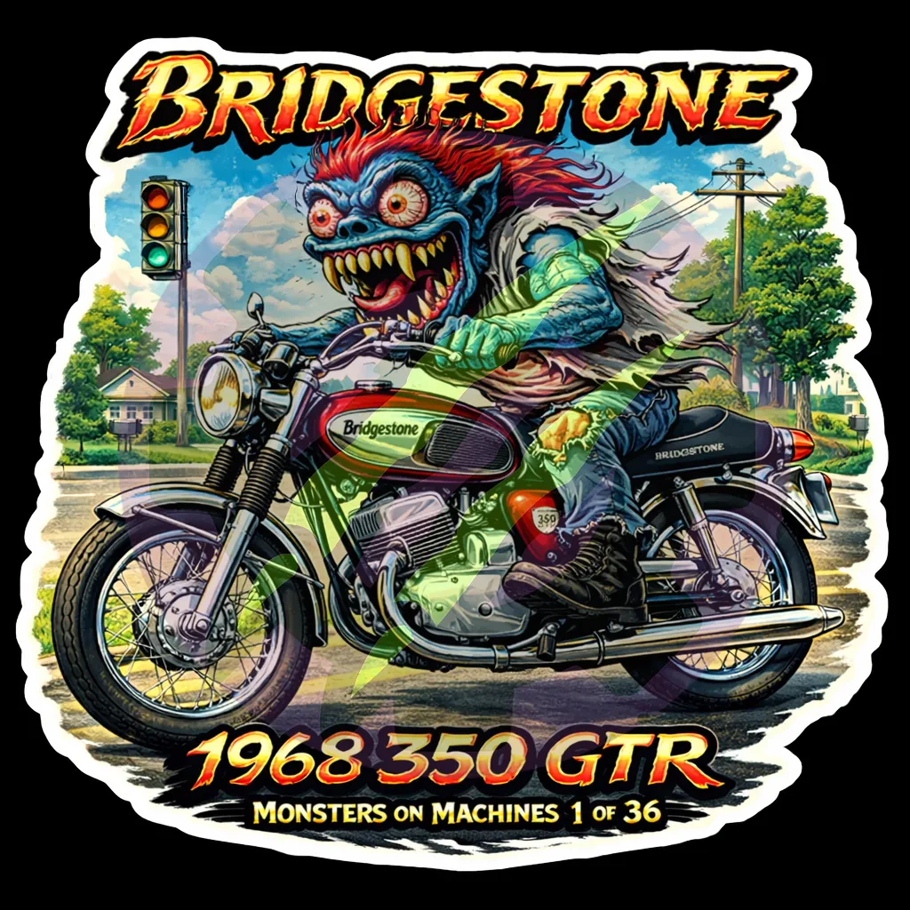 1968 Bridgestone 350 GTR Motorcycle - Monsters on Machines Vinyl Sticker 1/36