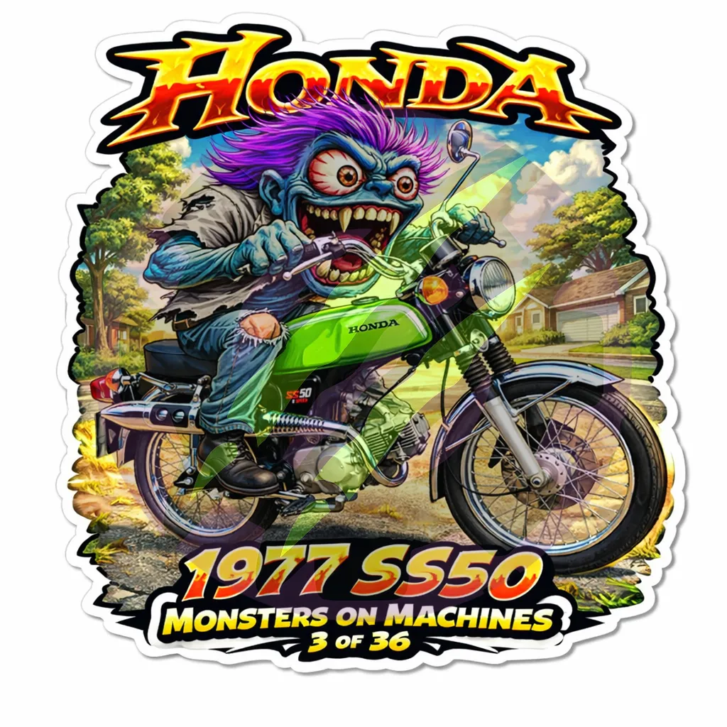 1977 Honda SS50 Motorcycle - Monsters on Machines Vinyl 9x9cm Sticker 3/36