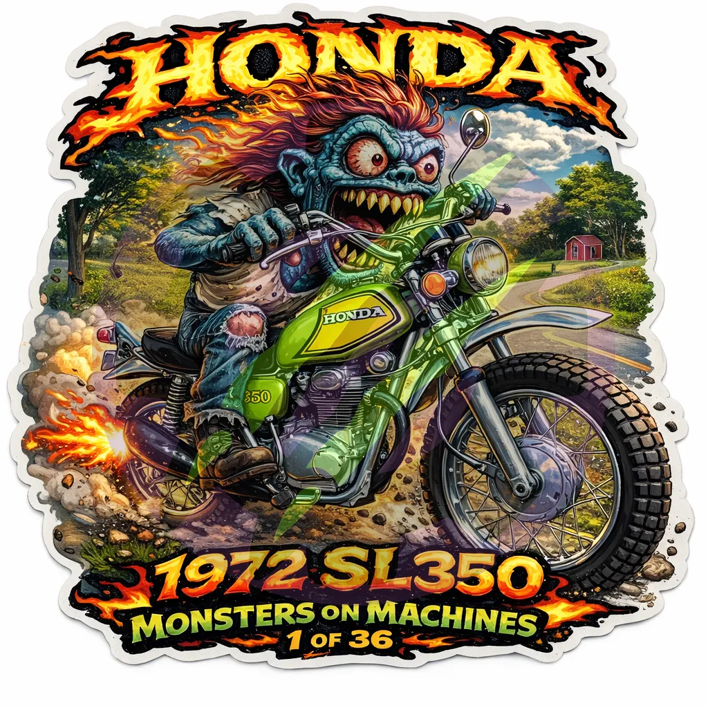 1972 Honda SL350 Motorcycle - Monsters on Machines Vinyl 9x9cm Sticker 1/36
