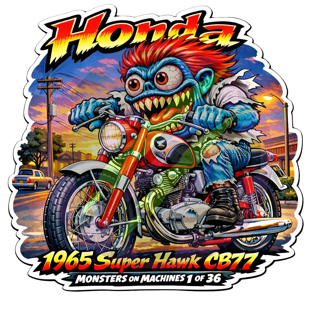 1965 Honda Super Hawk CB77 Motorcycle - Monsters on Machines Vinyl Sticker 1/36