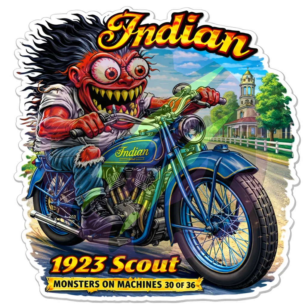 1923 Indian Scout Motorcycle - Monsters on Machines Vinyl 9x9cm Sticker 30/36