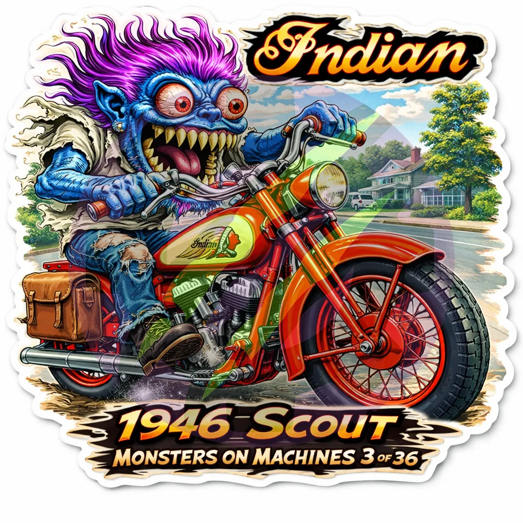 1946 Indian Scout Motorcycle Monsters on Machines Vinyl 9x9cm Sticker 3/36