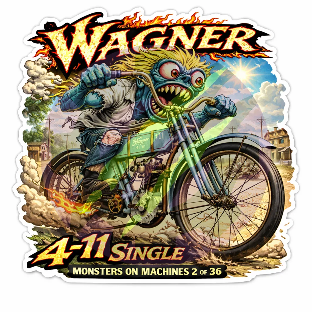 1911 Wagner 4-11 Single Motorcycle Monsters on Machines Vinyl 9x9cm Sticker 2/36