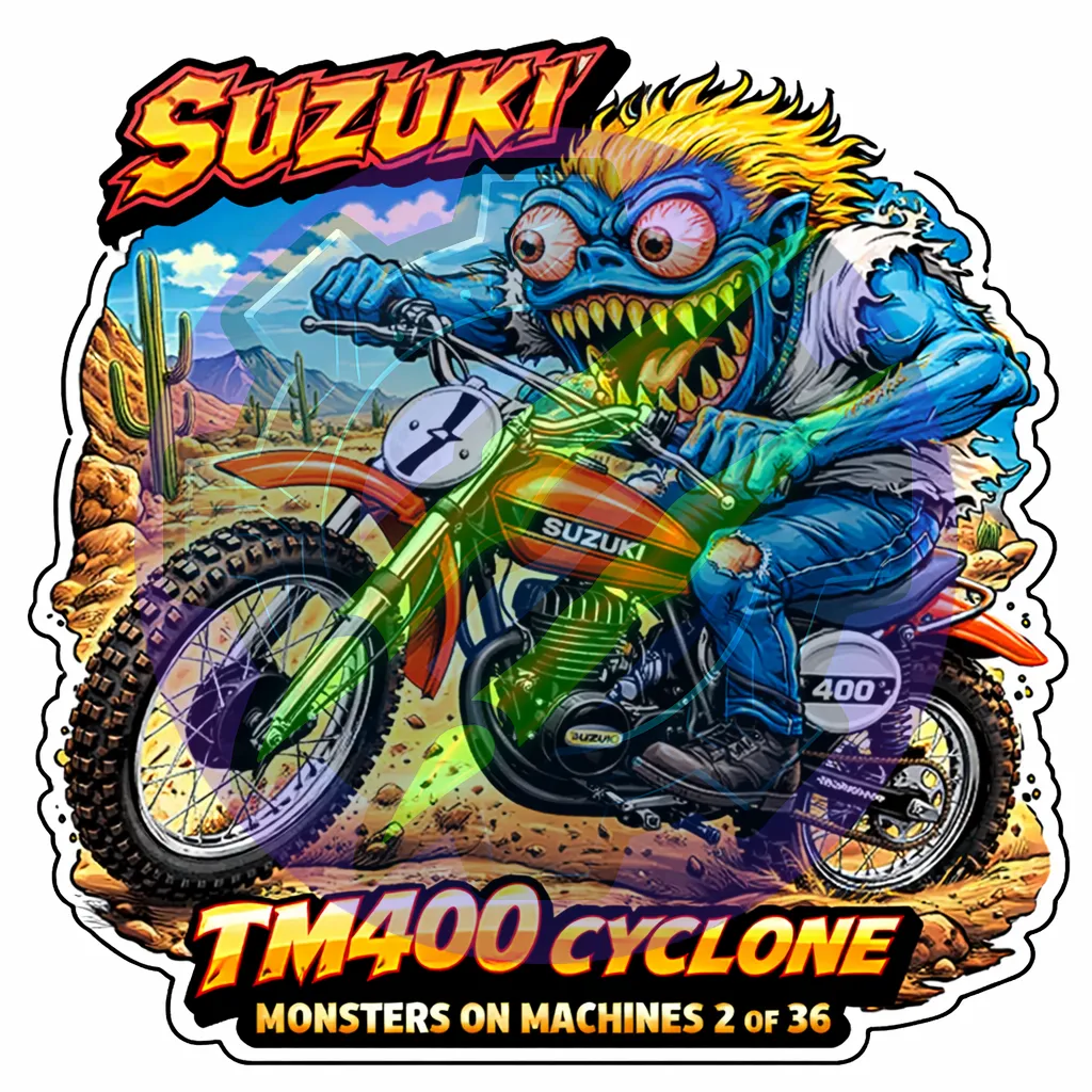 1971 Suzuki TM400 Cyclone Die Cut Vinyl Sticker Monsters on Machines Series 2 of 36