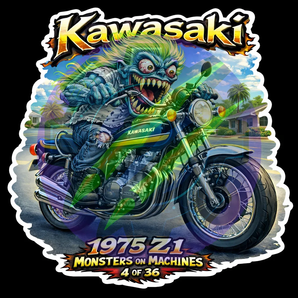 1975 Kawasaki Z1 Die Cut Vinyl Sticker Monsters on Machines Series 4 of 36