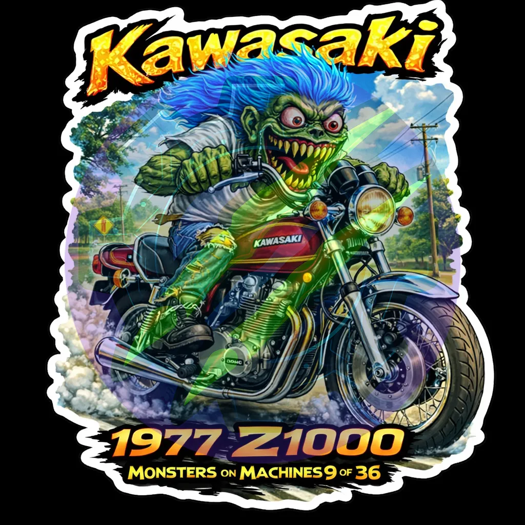 1977 Kawasaki Z1000 Die Cut Vinyl Sticker Monsters on Machines Series 9 of 36