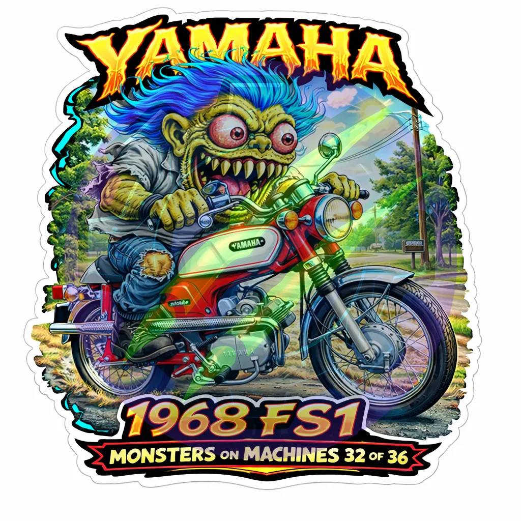 1968 Yamaha FS1 Die Cut Vinyl Sticker Monsters on Machines Series 32 of 36