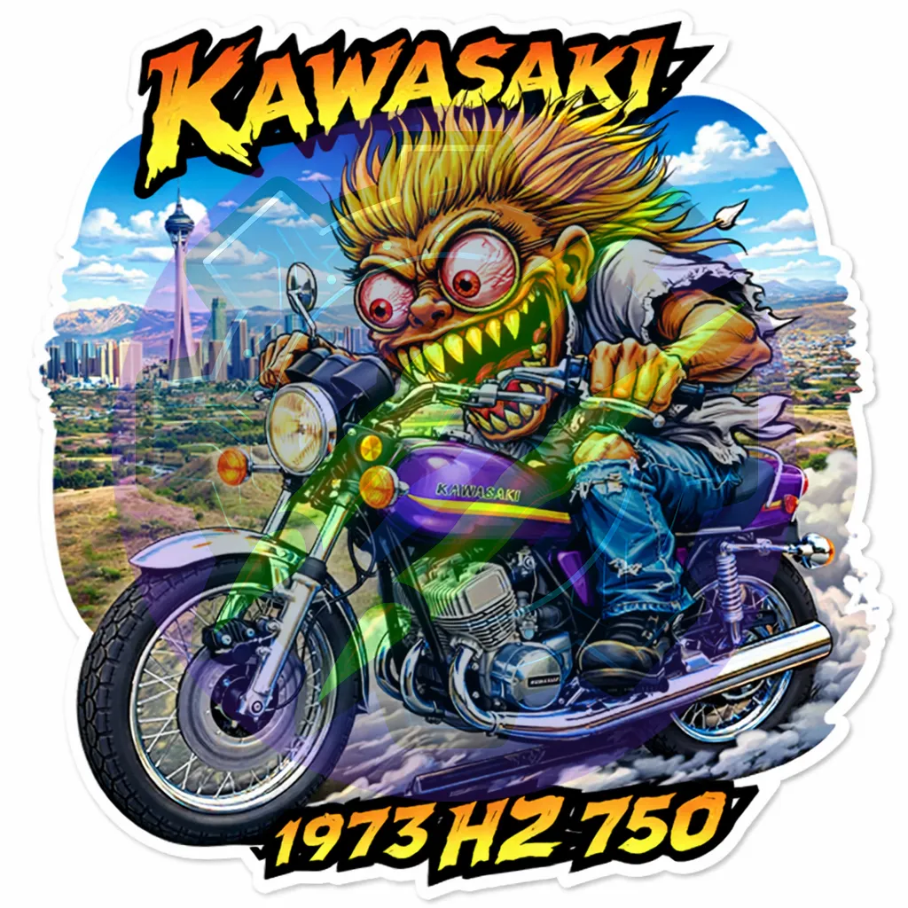 1973 Kawasaki H2 750 Die Cut Vinyl Sticker Monsters on Machines 10x10cm
