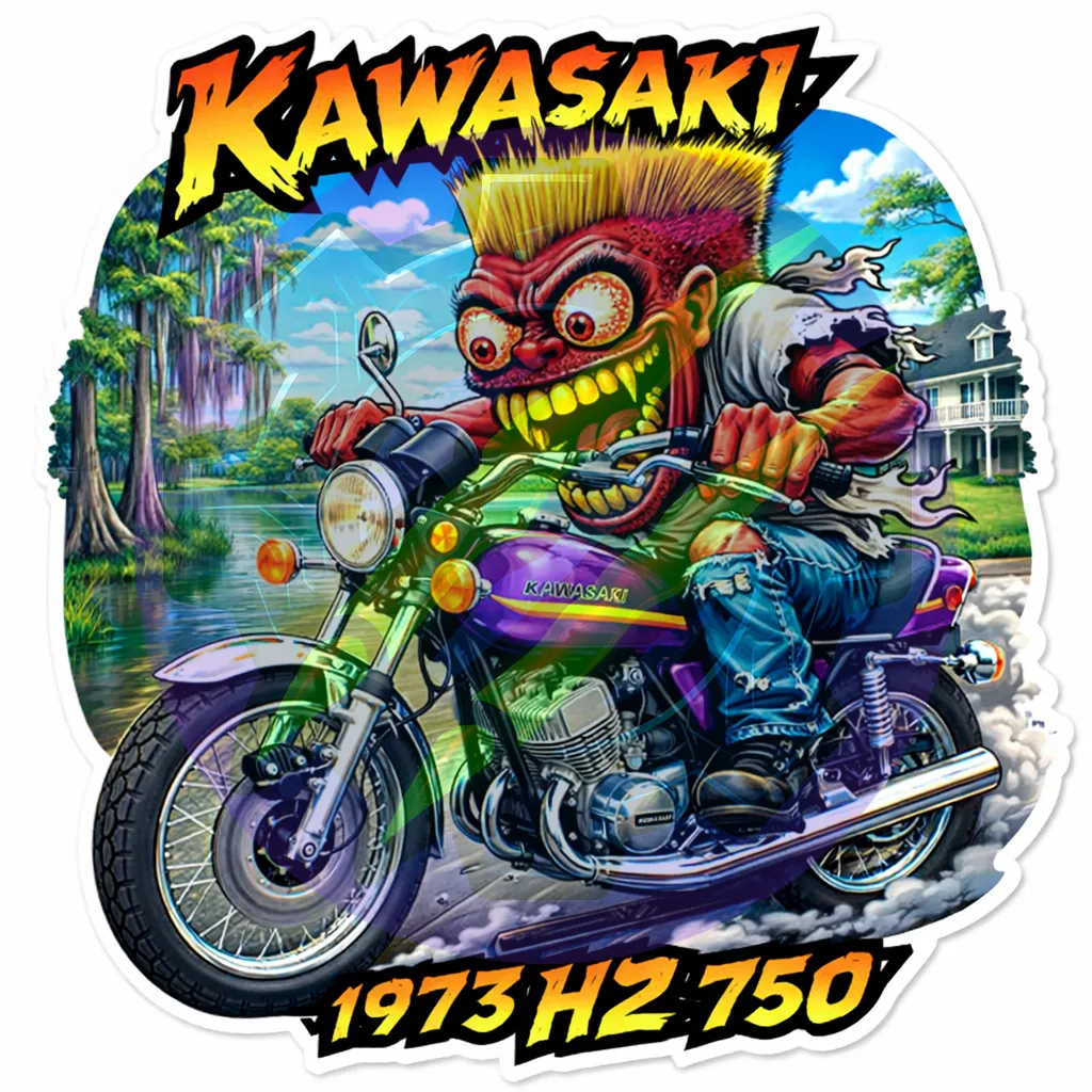 1973 Kawasaki H2 750 Die Cut Vinyl Sticker Monsters on Machines 10x10cm
