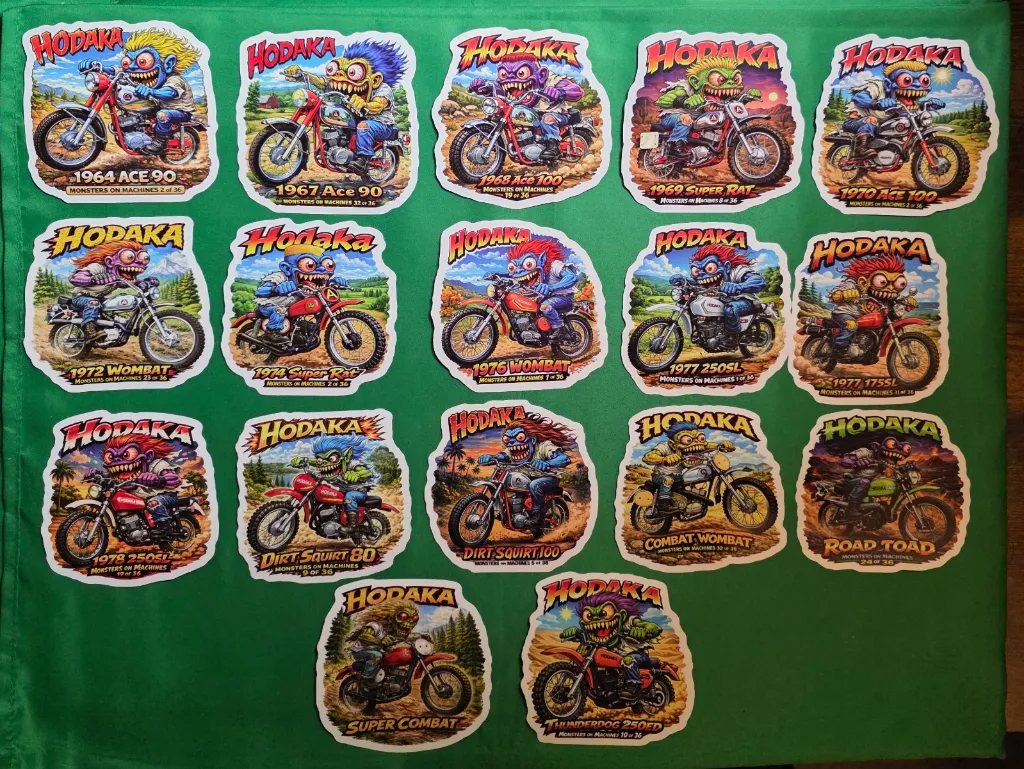 Hodaka Motorcycle Stickers 17pc Lot Die Cut Vinyl 9x9cm Monsters on Machines