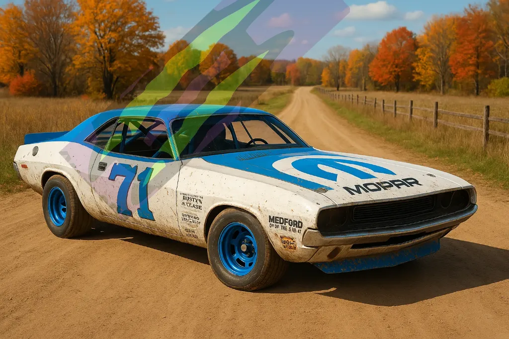 Mopar Dirt Track Challenger 4x6 Photo Print Blue White Autumn Road