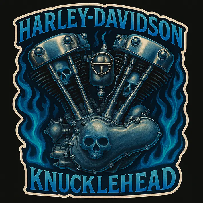 Harley-Davidson Knucklehead Engine Sticker – Skulls & Blue Flames Die Cut Vinyl