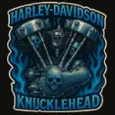 Harley-Davidson Knucklehead Engine Sticker – Skulls & Blue Flames Die Cut Vinyl