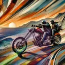 Harley Chopper Couple at Sunset – Abstract Ocean Ride Sticker