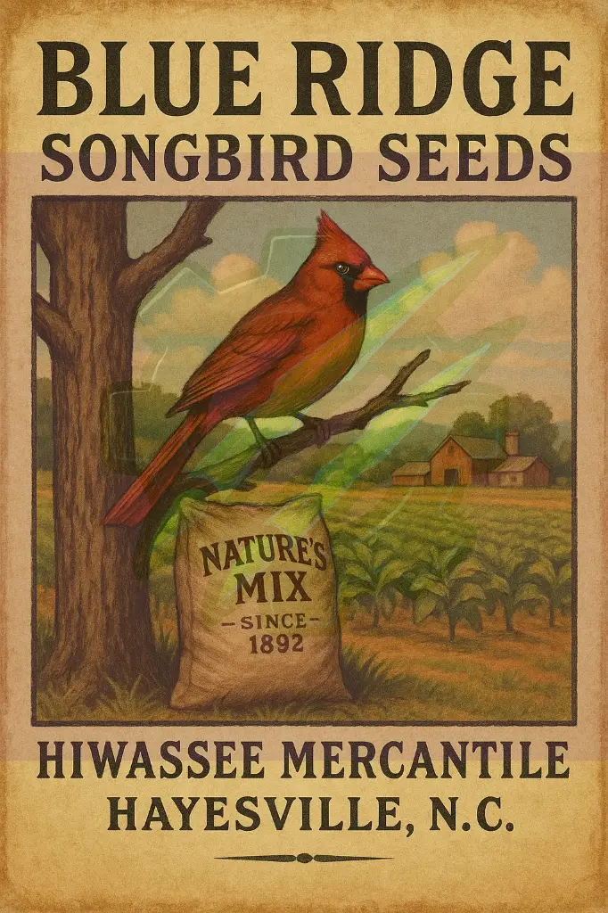 Blue Ridge Songbird Seeds – Cardinal Hiwassee Mercantile Hayesville NC Print & Tin Sign