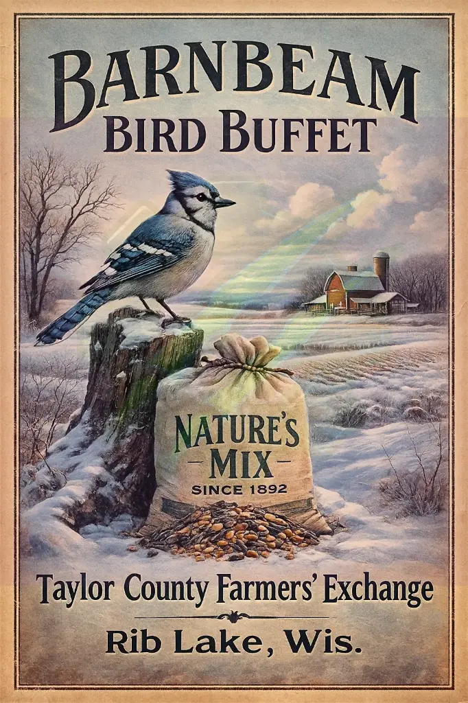 Barnbeam Bird Buffet – Blue Jay Taylor County Farmers’ Exchange Rib Lake WI Print