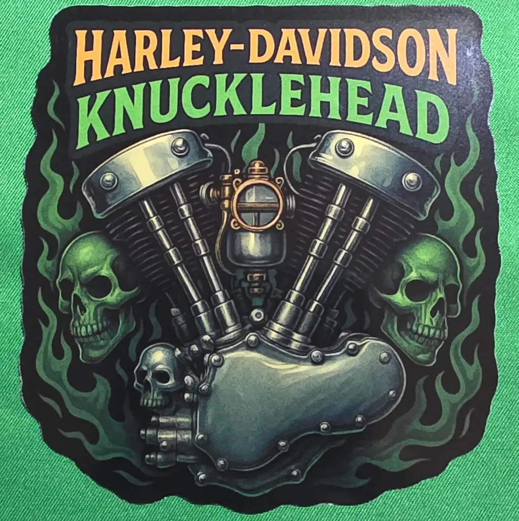 Harley Knucklehead Engine Skull Flames Vinyl Sticker - "Graveyard Twin"