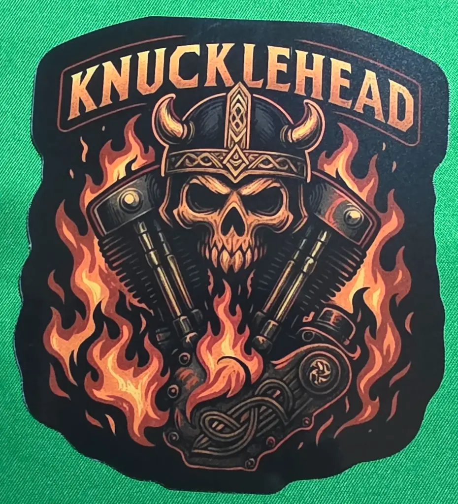 Harley Knucklehead Viking Skull Engine Vinyl Sticker “Valhalla Twin”