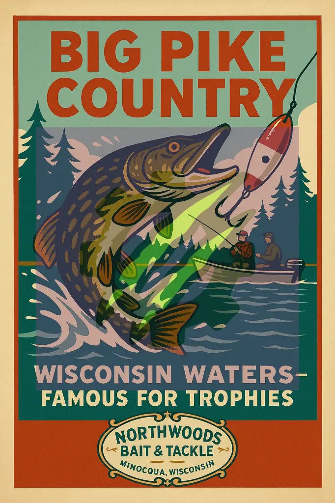 Big Pike Country Wisconsin Fishing Poster – Northwoods Bait & Tackle, Minocqua WI